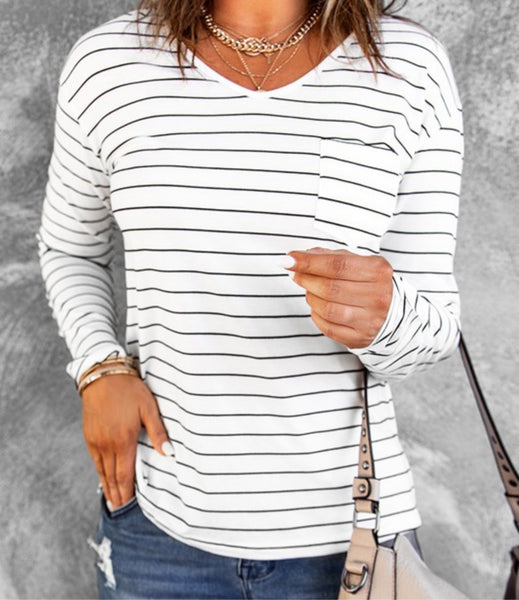 Striped Long Sleeve Top with Pocket