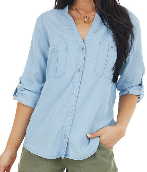 Denim Button Down Collarless Shirt