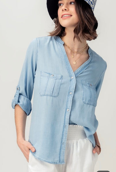 Denim Button Down Collarless Shirt