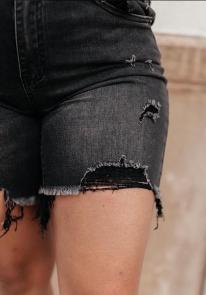 High Rise, Mid Thigh Distressed Shorts