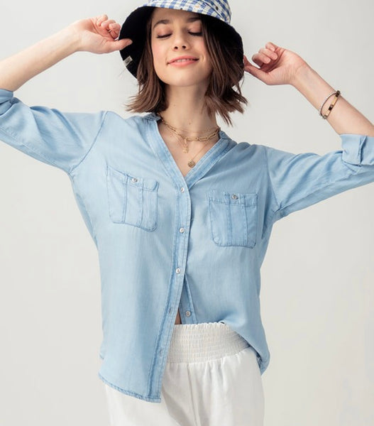 Denim Button Down Collarless Shirt