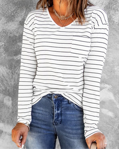 Striped Long Sleeve Top with Pocket
