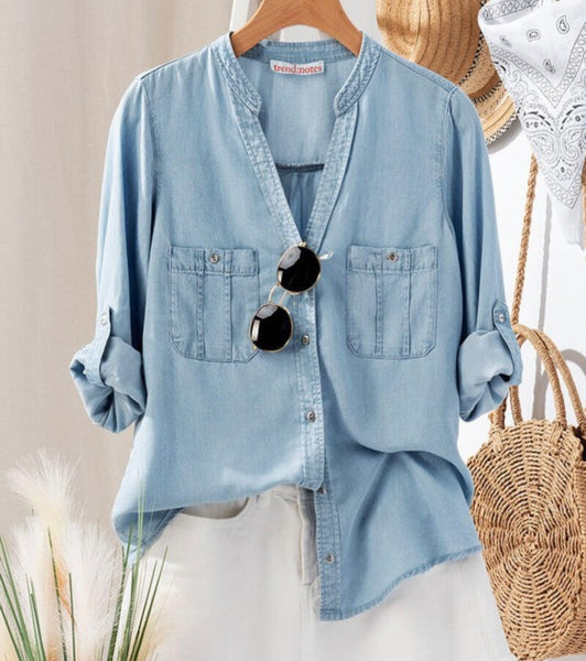 Denim Button Down Collarless Shirt