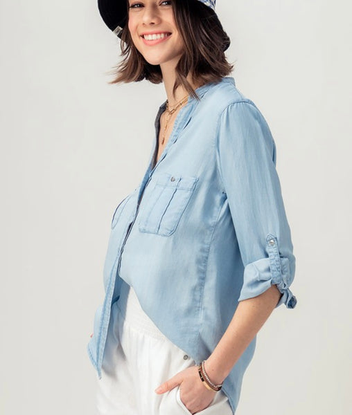 Denim Button Down Collarless Shirt